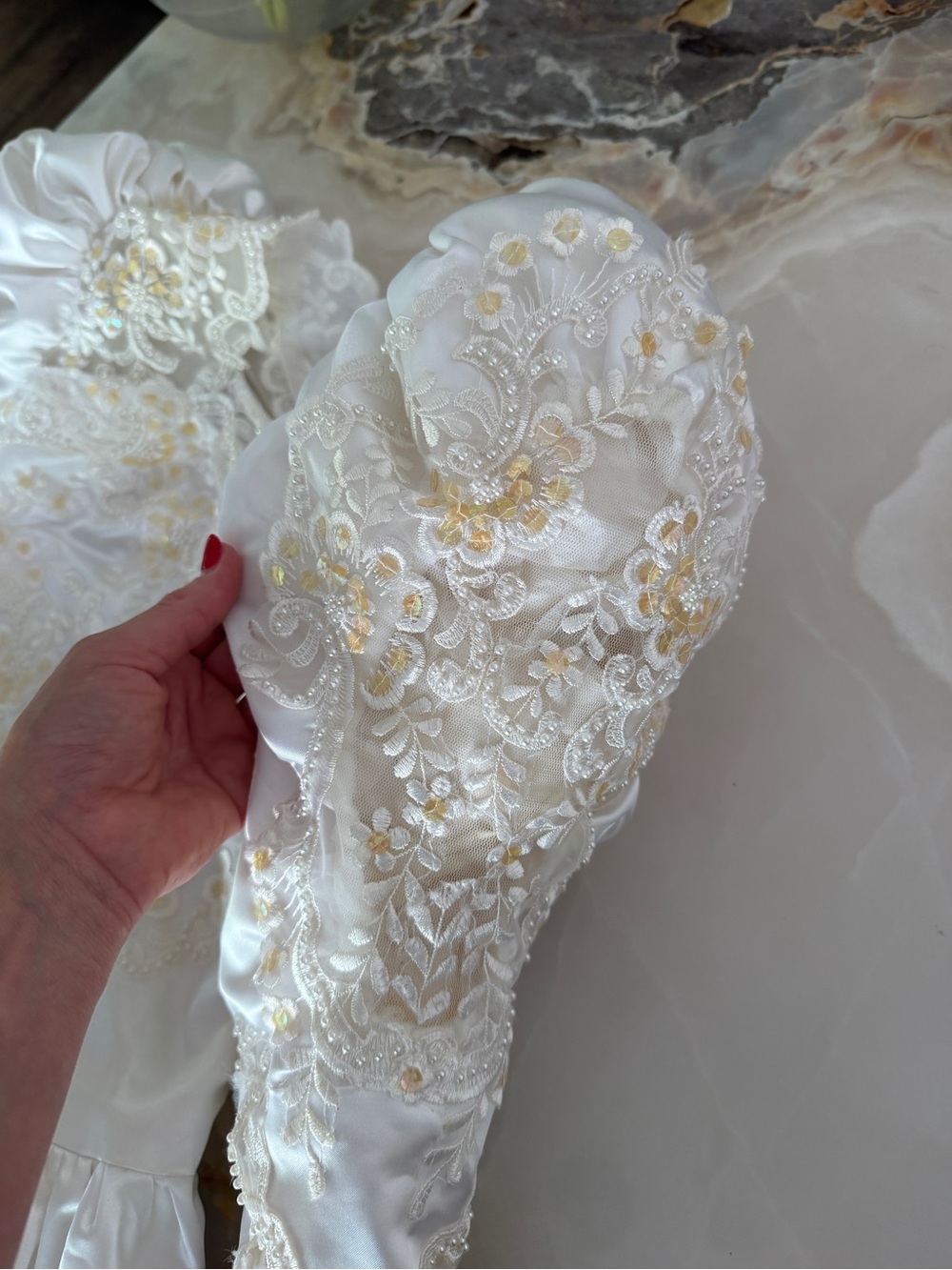 Vintage Satin Bridal Gown with Gold Lace Appliqué - Picture 6 of 9